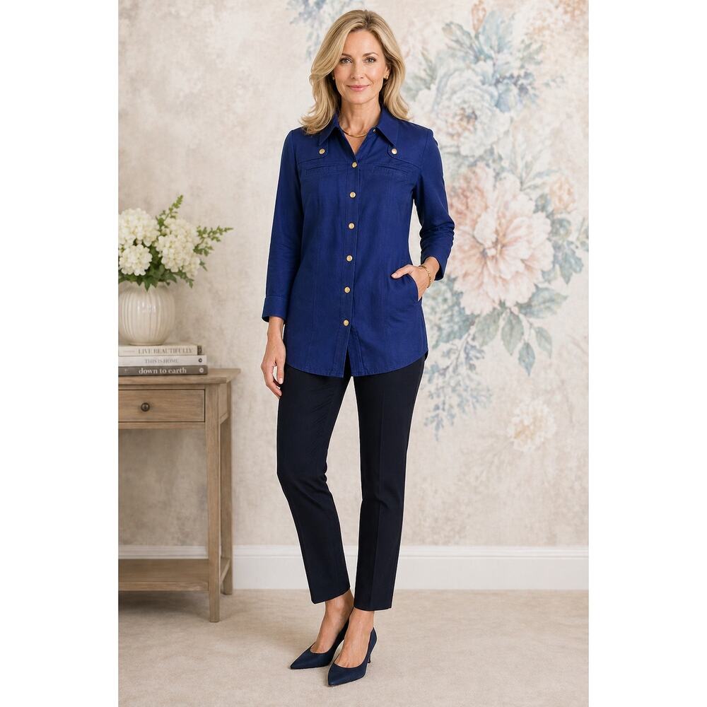 Minimalist Zoe D. Navy Womens S Linen Copper Snaps Shirt Tunic  Short Dress